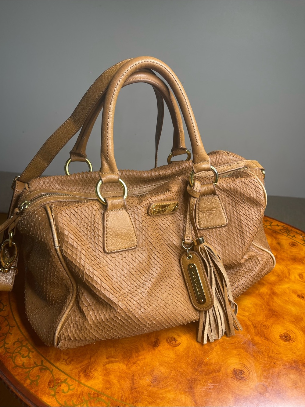 Cynthia Rowley Tan Textured Leather Satchel with Tassel